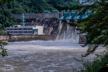 Water from reservoir rushing over spillway