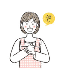 ひらめく保育士の女性　ほんわか優しいタッチ　手描きクレヨン風