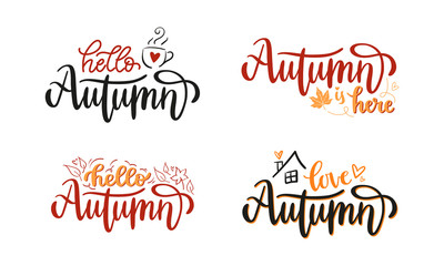 Autumn is here handwritten lettering phrases set. Brushpen vector calligraphy with doodle art elements isolated on white background. Seasonal design for sticker, postcard, web banner, social media.