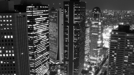 Black & White view of downtown Tokyo skyscrapers