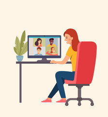 Young woman is talking to his friends  by videochat. Vector flat style Illustration