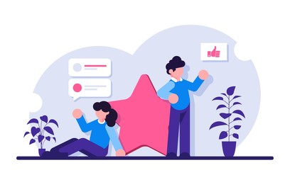 People leave feedback and comments with a score of five being the highest. Evaluation of a product or service. A person shares his opinion. Modern flat illustration.
