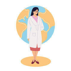 woman doctor with uniform in front of world sphere vector design