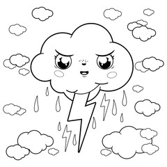 Stormy cloud character in the sky with rain and thunder. Vector black and white coloring page