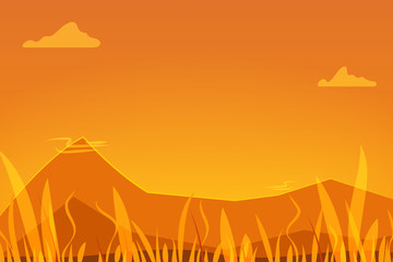 Beautiful nature. Art in warm colors. Clouds, mountain and grass. Vector illustration for you project.