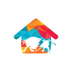 Bull with thunder and home logo design. Flash electric energy in bull.