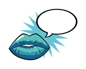 female and blue pop art mouth with explosion and bubble vector design