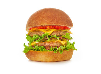 Double burger with lettuce, tomato, onion, and melted cheese on white background