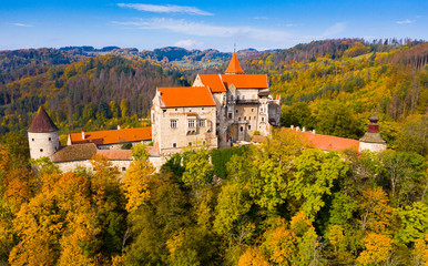 Above view of medieval castle Pernstein. South Moravian region. Czech Republic. High quality photo