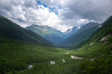 Fototapeta na wymiar Green river valley canyon wide summer panorama North Caucasus