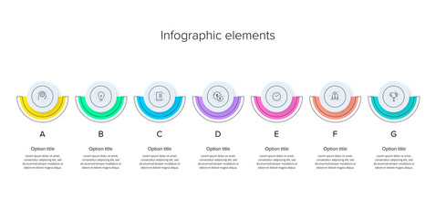 Business process chart infographics with 7 step circles. Circular corporate workflow graphic elements. Company flowchart presentation slide template. Vector info graphic design.