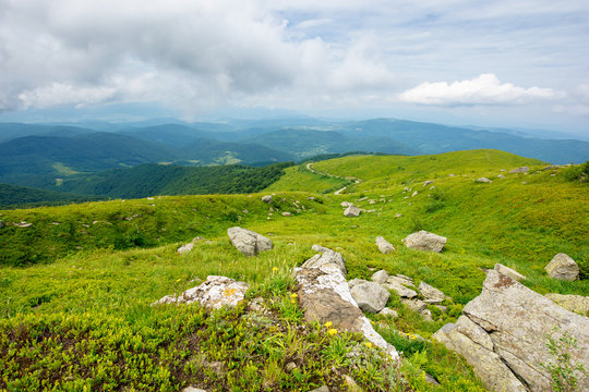 rocks on the hillside. summer mountain landscape on carpathians on a cloudy day