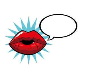 female and red pop art mouth with explosion and bubble vector design