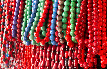 Beautiful colorful beads on the market in the Carpathian mountians as traditional craft national...