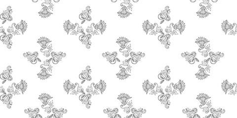 Stylish white  floral kalamkari ornament pattern on black background. Vector surface design for fabric, apparel textile, book, interior, wallpaper