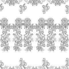 Stylish white vintage floral kalamkari ornament pattern on black background. Vector surface design for fabric, apparel textile, book, interior, wallpaper, phone case. Monochrome