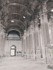 Fototapeta premium Ruins of ancient Lutheran church in Odessa, Ukraine. Historic building in 1803 built first German settlers destroyed by vandals of proletariat during revolution in Russia in 20th century.