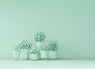 Plant concept, decorative vase in plain monochrome pastel blue color. Light background with copy space. 3D rendering for web page, presentation or picture frame backgrounds, minimalist interior. 