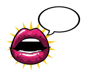 female and pink pop art mouth with explosion and bubble vector design