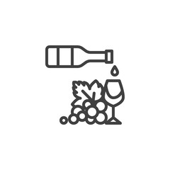 Wine bottle with glass and grapes line icon. linear style sign for mobile concept and web design. Wine production outline vector icon. Symbol, logo illustration. Vector graphics