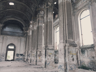 Ruins of ancient Lutheran church in Odessa, Ukraine. Historic building in 1803 built first German settlers destroyed by vandals of proletariat during revolution in Russia in 20th century.