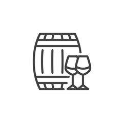 Wine barrel and glasses line icon. linear style sign for mobile concept and web design. Wood barrel with wine glasses outline vector icon. Symbol, logo illustration. Vector graphics