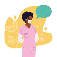 woman doctor with uniform mask bubble and leaves vector design