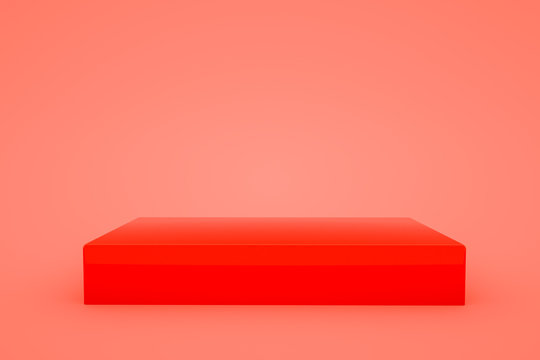 three-dimensional stand podium on a red background. 3d render illustration © toomler