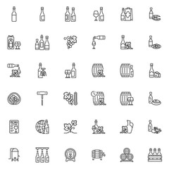 Wine Production line icons set. Winery linear style symbols collection, outline signs pack. vector graphics. Set includes icons as bottle of wine and glass, barrel, grapes, corkscrew, fermentation