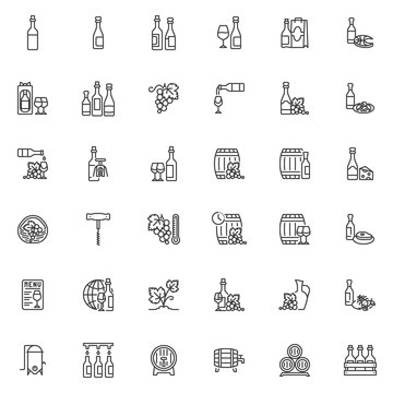 Wine Production line icons set. Winery linear style symbols collection, outline signs pack. vector graphics. Set includes icons as bottle of wine and glass, barrel, grapes, corkscrew, fermentation