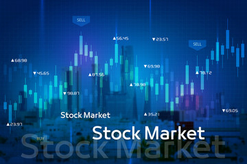 Stock market digital graph chart on LED display concept. A large display of daily stock market price and quotation. Indicator financial with buildings background