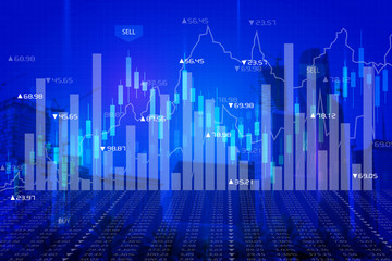 Stock market digital graph chart on LED display concept. A large display of daily stock market price and quotation. Indicator financial with buildings background