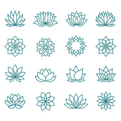Lotus line icon set on a white background. Abstract lotus flower in trendy flat style. Collection logos, icons, symbols  for your health, wellness business. Spa sign. Yoga design. Vector illustration.