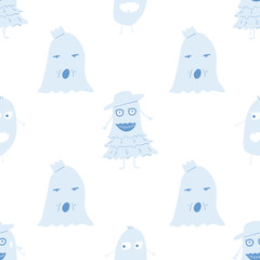 Seamless pattern with the funny hand drawn Halloween monsters or ghosts. Cute cartoon character background.