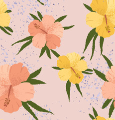 Modern floral, tropical, Hawaiian flowers, seamless pattern. Exotic drawings for fabric, paper, covers, interior decor, vector illustration