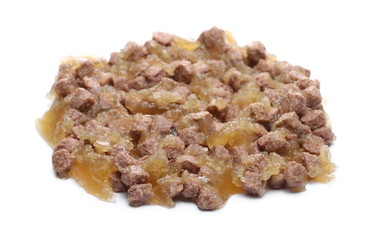 Dog food chunks, wet cubical pieces pile isolated on white background