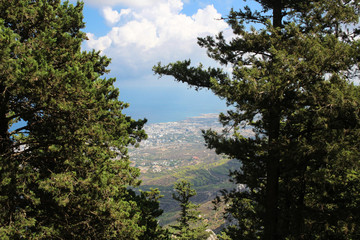 Trees growing near the castle of Saint Hilarion, through which you can see the city of Kyrenia and the Mediterranean sea. Cyprus...