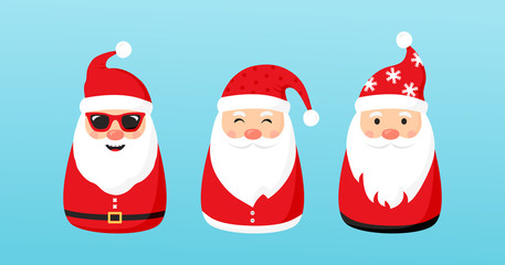 Christmas Santa Claus vector icons, cartoon character, red Santa hat, New year cute collection, holiday winter illustration on blue background