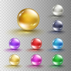 Glass ball set isolated on transparent background. Realistic gold and colorful orbs, oil collagen, 3d gel spheres. Vector water bubbles or round pills with shadows