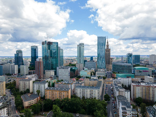 Fototapeta na wymiar Beautiful panoramic aerial drone view to the center of Warsaw City and Palace of Culture and Science. Big City