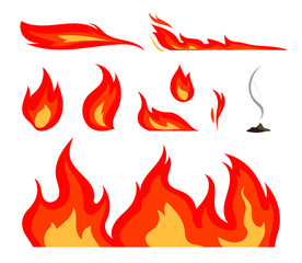 불타오르는 효과 플랫 일러스트 세트. 불꽃, 화재.