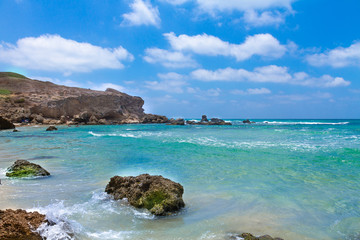 Fototapeta premium Nice view of the Mediterranean sea coast. Rocks and stones. Waves and splashes. Israel.