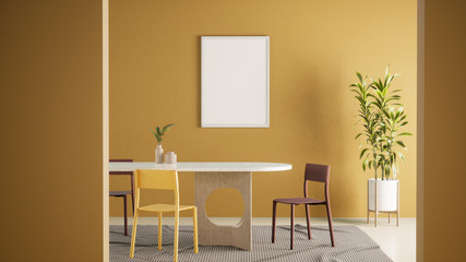 Room Interior design with Yellow wall and white floor. room mockup stylish, minimal dining room interior 3d render illustration
