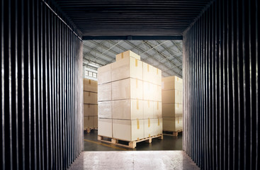 Cargo freight, Shipment, Delivery service, Distribution warehouse. Inside view an empty container...