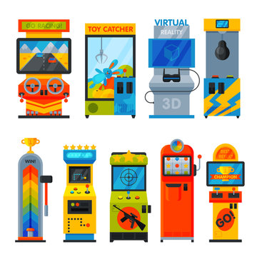 Arcade Game Machines Collection, Amusement Video Gaming Machinery Vector Illustration
