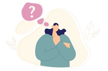 Girl in doubt. Question mark in speach bubble. Flat illustration for web banner, infographics, mobile website.