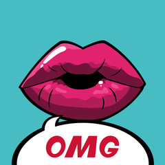 female and pink pop art mouth with omg bubble vector design