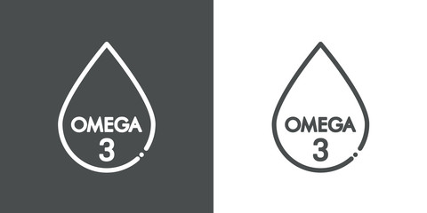 Omega 3. Icono plano lineal gota en fondo gris y fondo blanco