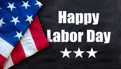 Happy Labor Day text and USA flag on black color background