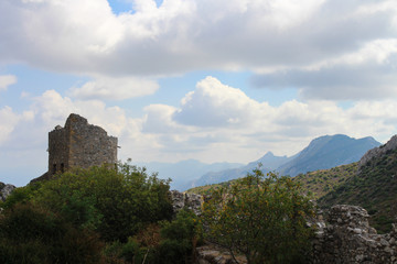 Fototapeta na wymiar Mountains and the top of the castle of Saint Hilarion. Cyprus.